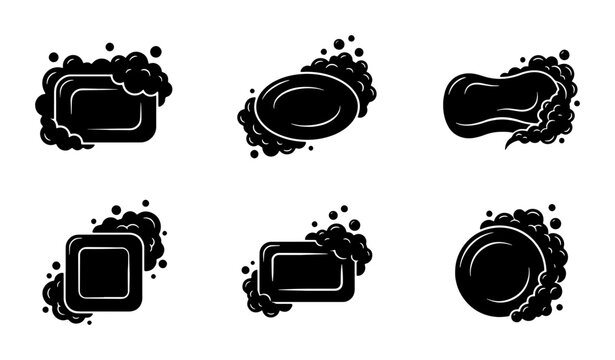 Six Black Soap Icons with Bubbles, Hygiene and Cleaning Vector Set, Simple Bar Soap Shapes for Personal Care and Wash Graphics