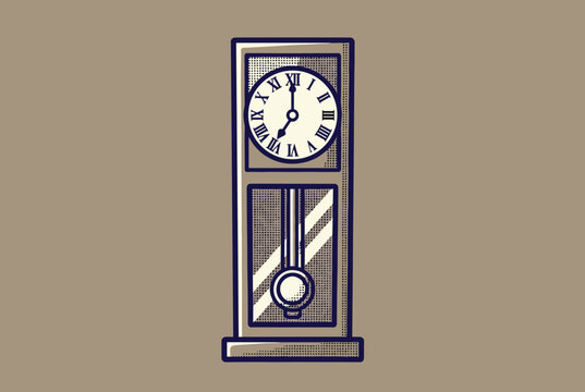 Classic grandfather clock featuring a swinging pendulum and roman numerals, hand-drawn in a warm retro style.
