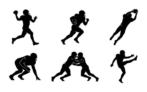 American Football Player Silhouettes, Action Poses Vector Set: Quarterback Throwing, Runner with Ball, Receiver Catching, Lineman Stance, Tackling, Kicker Action