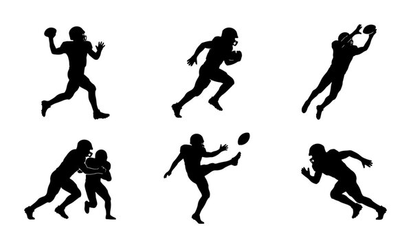 American Football Player Silhouettes, Action Poses Vector Set: Quarterback Throwing, Runner with Ball, Receiver Catching, Tackling, Kicker, Defensive Player