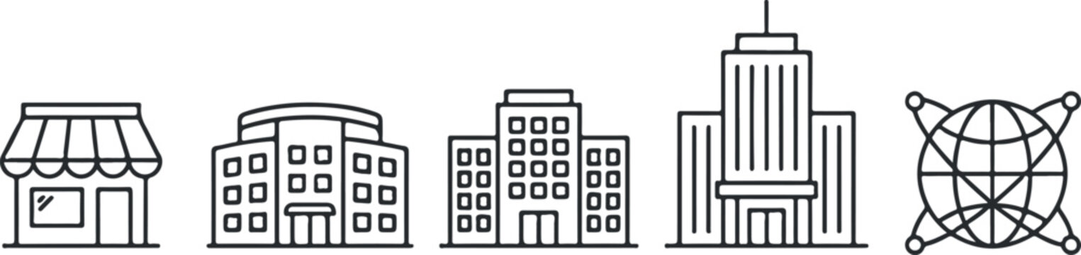 Business expansion and corporate growth line icons set from small local shop to international company global headquarters vector illustration
