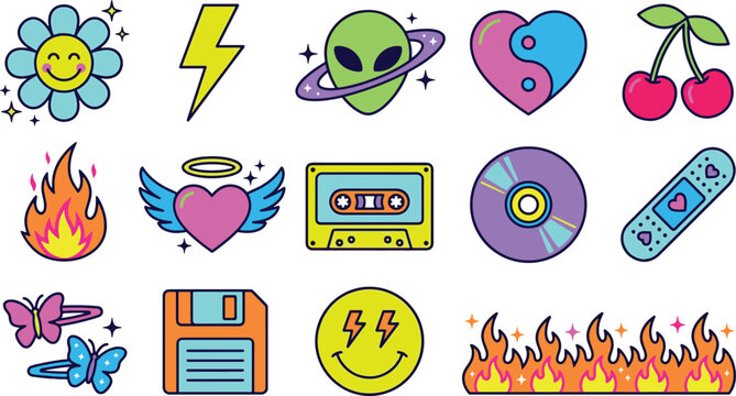 Retro y2k aesthetic sticker set with nostalgic 90s icons like cassette tape alien floppy disk butterfly clips and flames vector illustration