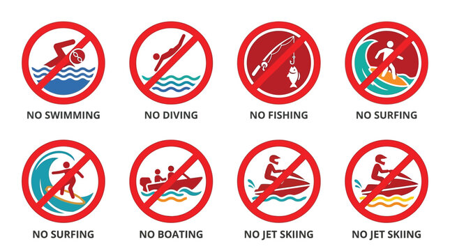 Set of eight circular prohibition signs depicting water safety rules for public beaches and pools