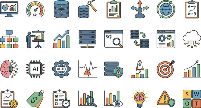 Big data analytics server database administration network cloud computing artificial intelligence business strategy marketing statistics technology icons set vector illustration
