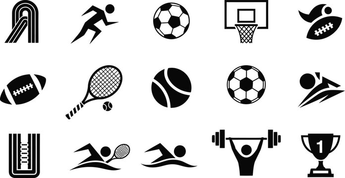 Black silhouette sports set featuring balls, rackets, running tracks, swimming, and trophies on white background