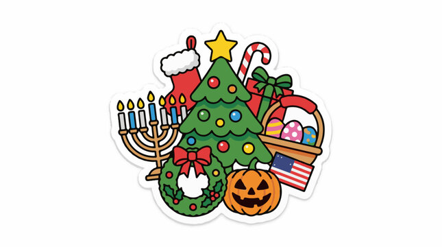 A cartoonish illustration of a Christmas tree with a star on top surrounded by a menorah a Christmas stocking a candy