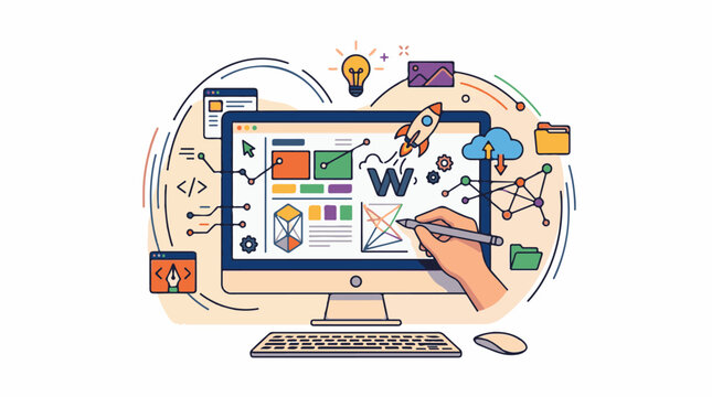 A colorful illustration of a hand holding a stylus interacting with a computer monitor displaying a website design