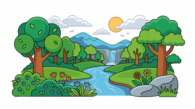 A serene cartoon landscape featuring a river flowing through a forest with trees