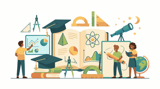 A colorful illustration depicts students learning with various educational tools and symbols