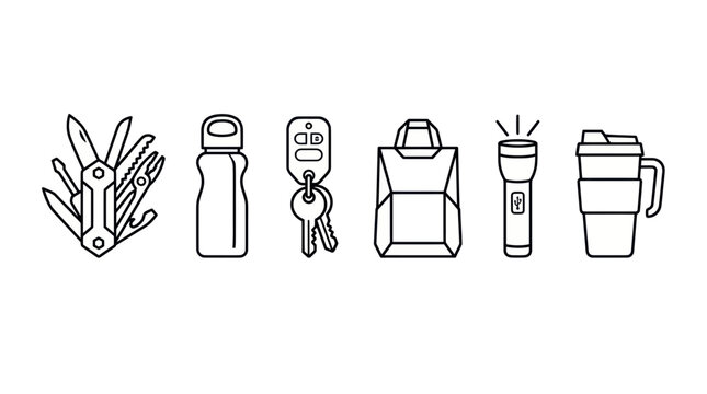 Everyday carry essentials line icons including multitool and keys