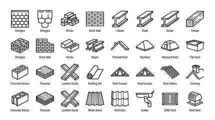 Building materials and roofing components line icons set © Emilo