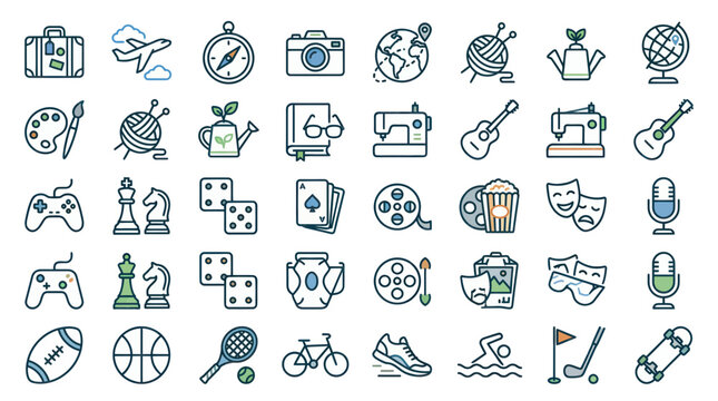 Comprehensive collection of hobby and activity line icons