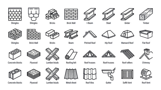 Building materials and roofing components line icons set