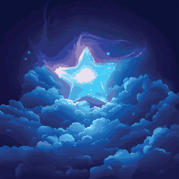 A stunning cosmic scene featuring a glowing star illuminating the night sky, surrounded by mystical clouds.