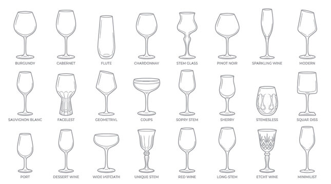 Collection of diverse wine glass types in minimalist line art