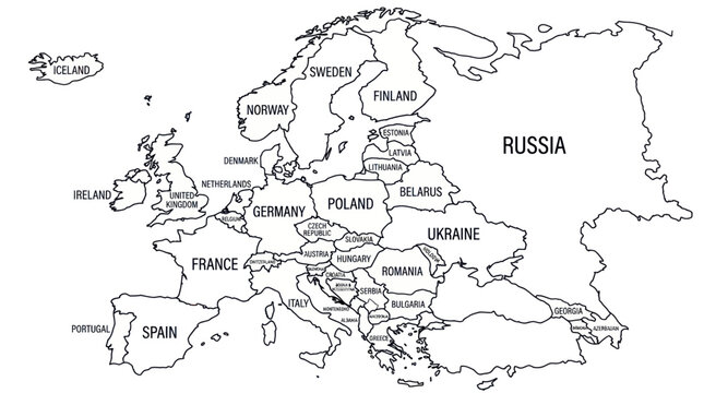 Europe map with country names and borders in black and white outline