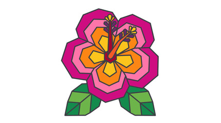 Stylized tropical hibiscus flower with pink petals and green leaves © Emilo