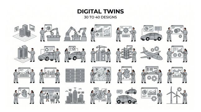 Digital twins technology concept collection isometric industrial vector illustration set with technology industry automation manufacturing isometric simulation engineering analytics