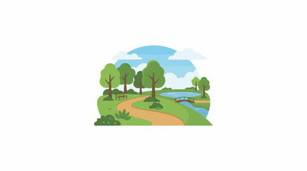 Fototapeta premium A serene park scene with a winding path, trees, a bridge, and a stream