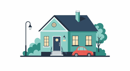 Fototapeta premium A simple teal house with a dark roof and a red car parked in front
