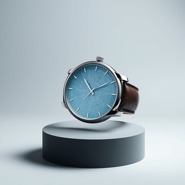 A stylish watch with a blue face and brown leather strap on a pedestal