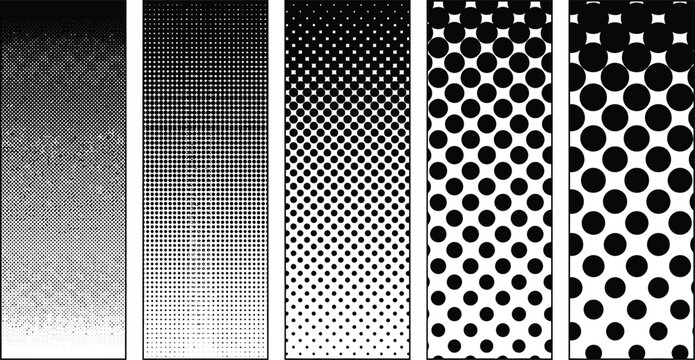 Five vertical panels featuring halftone dot gradients and texture patterns in black and white style