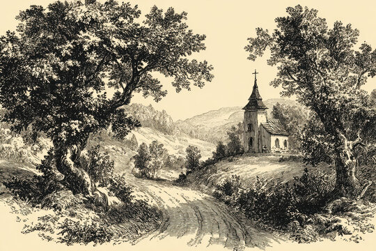 Vintage Blue Ink Landscape Illustration with Rural Church. AI generative.