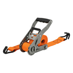 Fototapeta premium A detailed view of a ratchet tie down strap with orange webbing and a silver metal lever mechanism, isolated on a transparent background. This tool is used for securing cargo during transport.