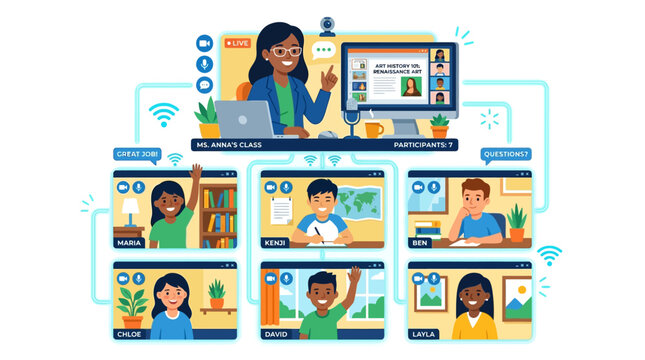 Teacher conducting online class with diverse students in virtual classroom
