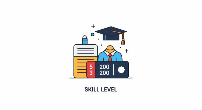 A simple educational icon depicting a character with a graduation cap, skill level gauge