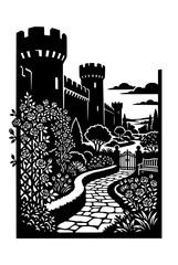 Naklejka premium Medieval Castle with Enchanted Rose Garden Silhouette Illustration