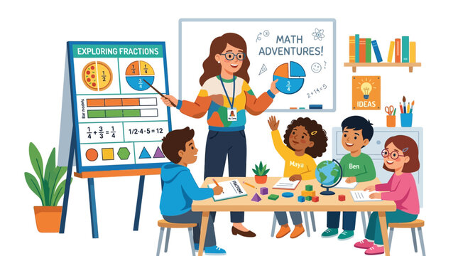 Teacher explaining fractions to diverse children in classroom setting