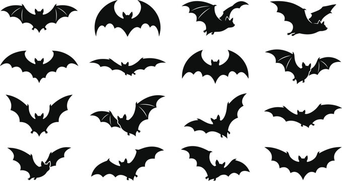 Collection of 16 black bat silhouettes for Halloween graphic design
