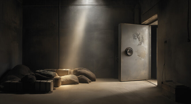 within a gloomy concrete chamber, a heavily oxidized vault door stands slightly open on the right, a narrow vertical strip of intense light