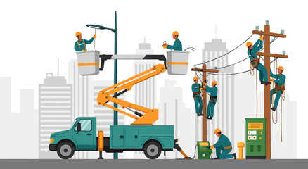 Electrician linemen repairing power grids and street light with bucket truck, industry flat vector illustration © Purnomo Semlirick