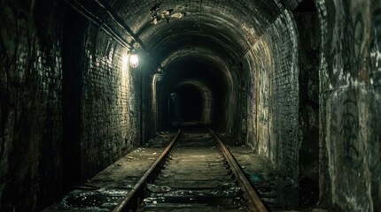 Naklejka premium Abandoned train tracks run through a dimly lit tunnel with stone walls and a vaulted ceiling.