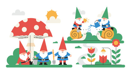 Fototapeta premium Whimsical scene of several cute garden gnomes playing with snails and tending to flowers under a large mushroom.