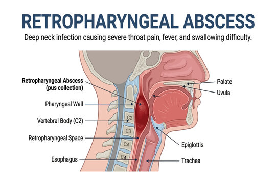 Medical illustration showing retropharyngeal abscess with pus collection and deep neck infection anatomy.