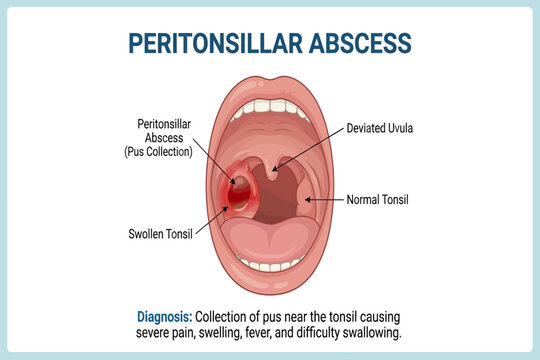 Medical illustration showing peritonsillar abscess with pus collection, swollen tonsil, and deviated uvula.