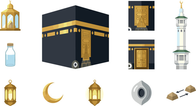 Holy Kaaba and Hajj Pilgrimage Vector Set Featuring Masjid Al Haram Minaret Zamzam Water Black Stone and Lanterns for Islamic Religious Designs