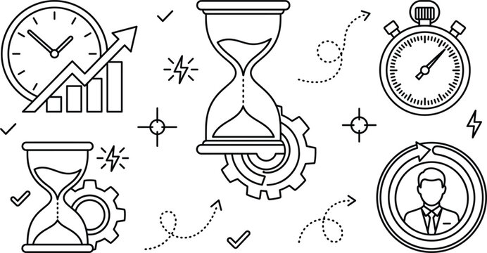 Business time management line icon set with hourglass stopwatch productivity chart growth gear and efficiency optimization workflow elements
