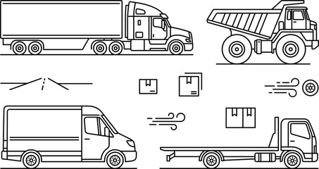 Commercial transport logistics vehicle line icon set with semi truck dump truck delivery van flatbed linear vector illustration © MDSAIFUL