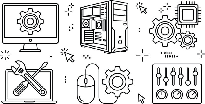Computer repair hardware build line icon set with desktop monitor tower laptop tools gears linear vector illustration layout