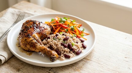 Fototapeta premium Savory Roasted Chicken with Rice and Beans and Fresh Vegetable Salad on a White Plate