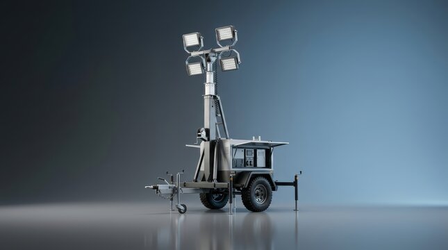 Industrial construction light tower 3D render mobile elevated illumination system mast structure wide area coverage nighttime roadwork mining deployment