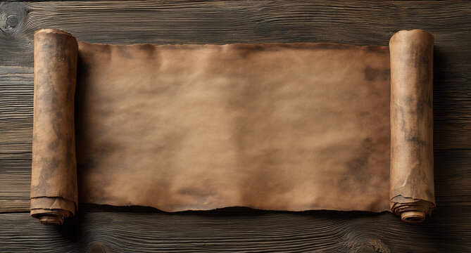 a top down full shot of an aged, empty parchment scroll unrolled horizontally, displaying a large blank rectangular area in the center, resting on a dark, rustic wooden surface