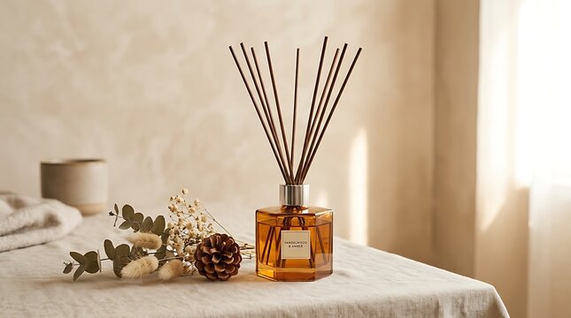 Reed diffuser with sticks and natural elements on table in bright room