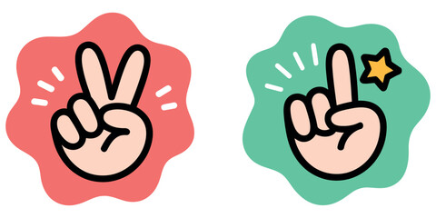 Fototapeta premium Hand Gesture Icons Collection with Peace Sign and Pointing Finger Cartoon Hand Symbols Vector Set