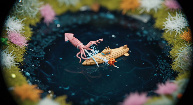 Miniature Submarine Battling Giant Squid in a Colorful Coral Reef Pond