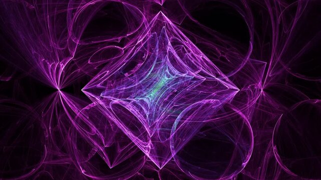 A symmetrical diamond-shaped visualization in the center. Dominated by a magical blend of magenta and bright neon green and cyan energy rays at the center.